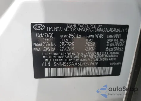 2020 Hyundai Santa Fe Sel из США, поврежденный, VIN 5NMS33AA6LH299619